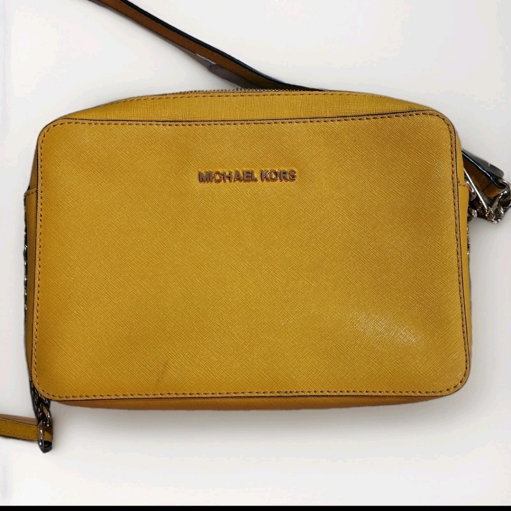 Michael Kors Yellow Saffiano Leather Crossbody Camera Bag Chain Strap
